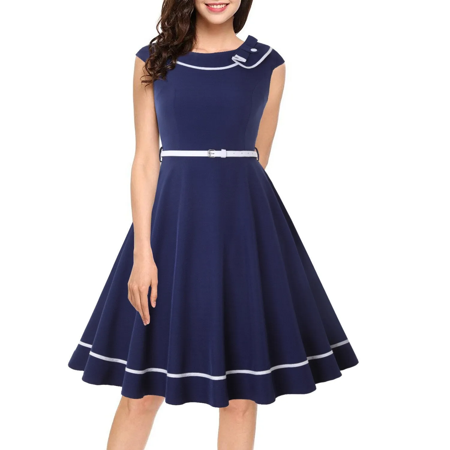 1940s Style Solid Swing Midi Dresses Blue Audrey Hepburn Rockabilly Sundress With Belt 50s 60s Retro Party Pinup Dresses