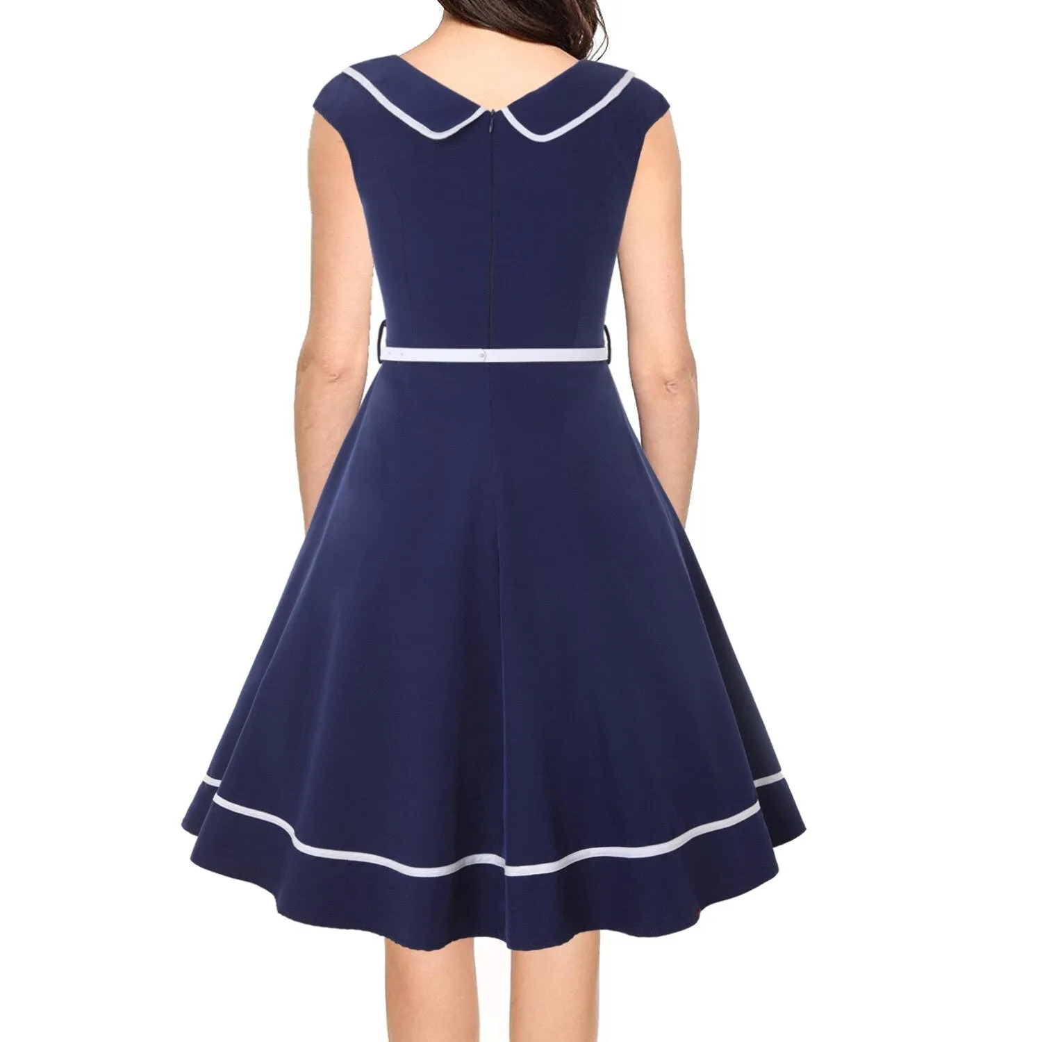 1940s Style Solid Swing Midi Dresses Blue Audrey Hepburn Rockabilly Sundress With Belt 50s 60s Retro Party Pinup Dresses