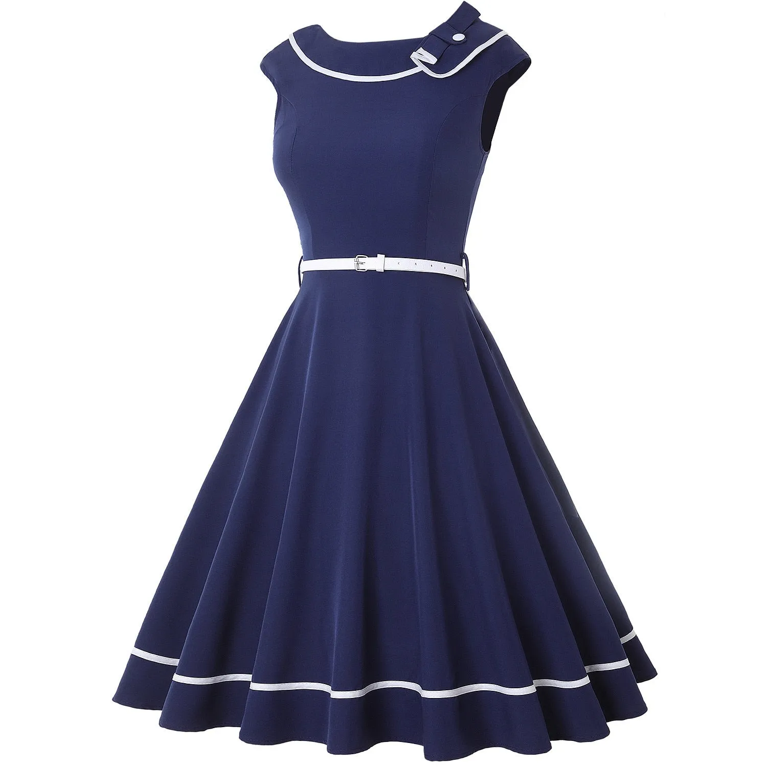 1940s Style Solid Swing Midi Dresses Blue Audrey Hepburn Rockabilly Sundress With Belt 50s 60s Retro Party Pinup Dresses