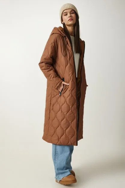 Hooded Quilted Coat With Pockets