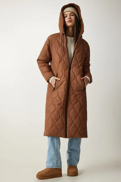 Hooded Quilted Coat With Pockets