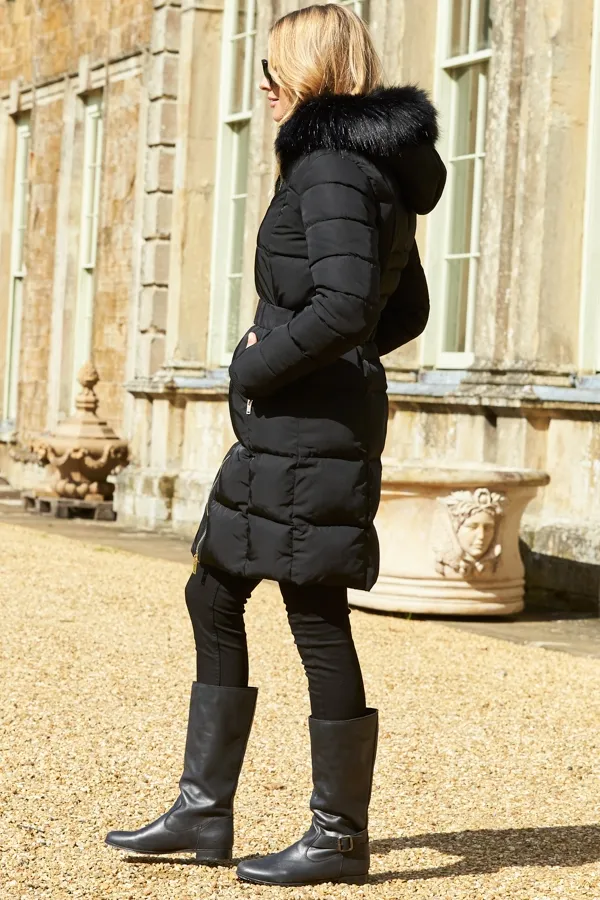 Padded Coat with Faux Fur Trim in Black