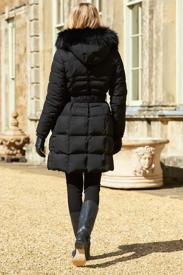 Padded Coat with Faux Fur Trim in Black