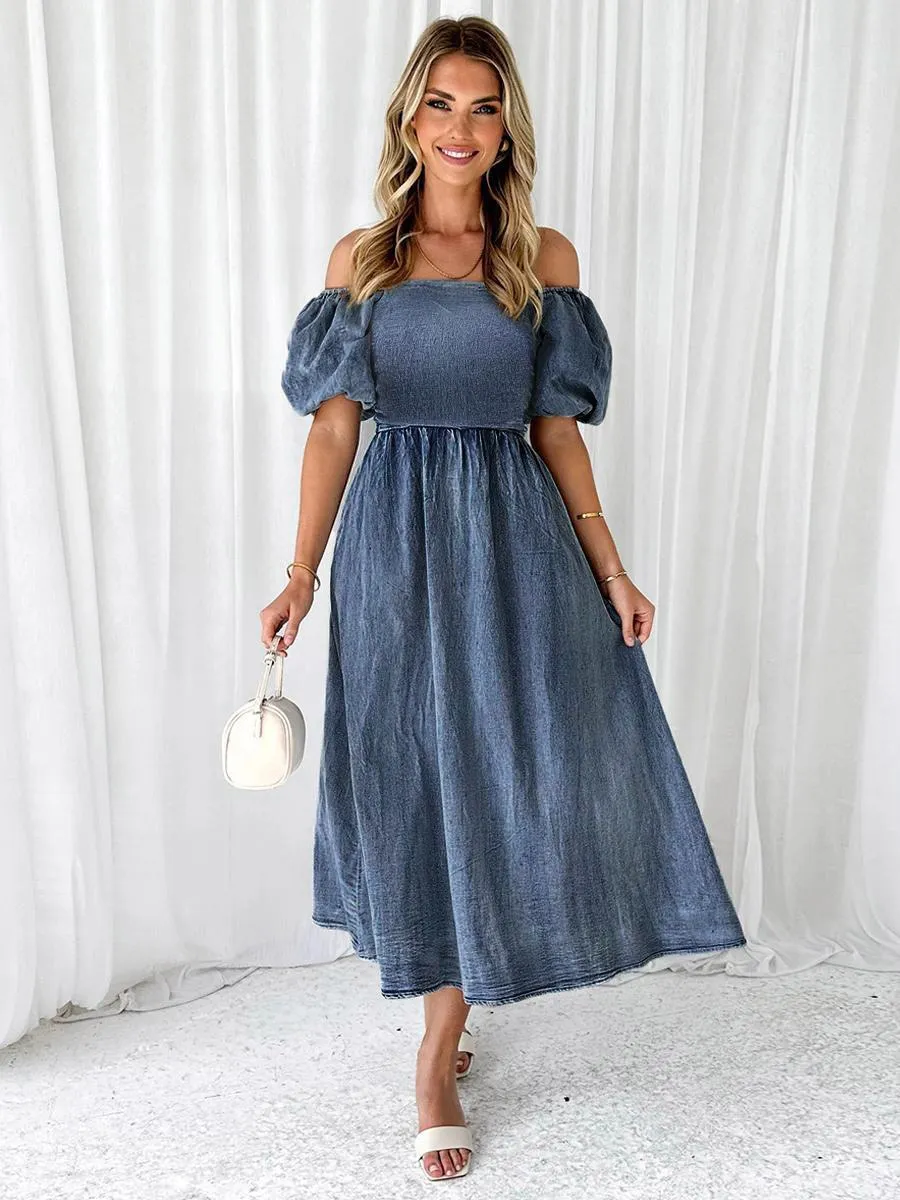 Off-The-Shoulder Blue Pleated Long Midi Dress for Daily Wear