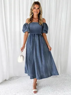 Off-The-Shoulder Blue Pleated Long Midi Dress for Daily Wear