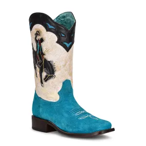 Blue Suede Women's Boot with White Inlay and Embroidery by Corral