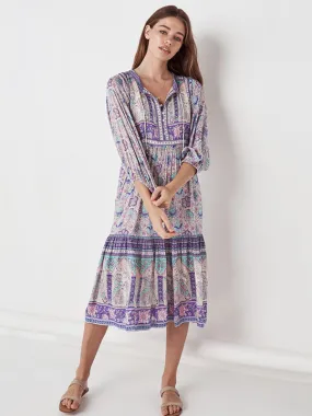 Boho Midi Dress with V-Neck and Flowy Three-Quarter Sleeves