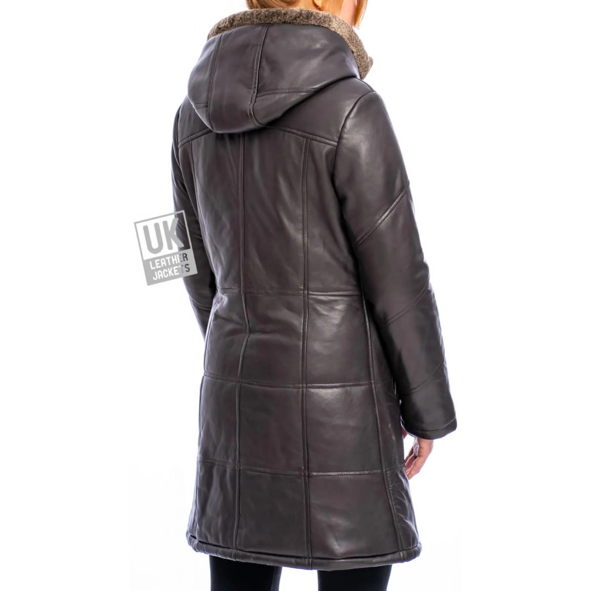 Brown Leather Alicia Quilted Coat with Hood for Women