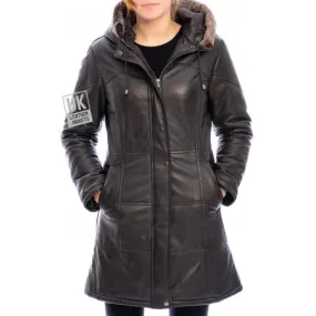 Brown Leather Alicia Quilted Coat with Hood for Women