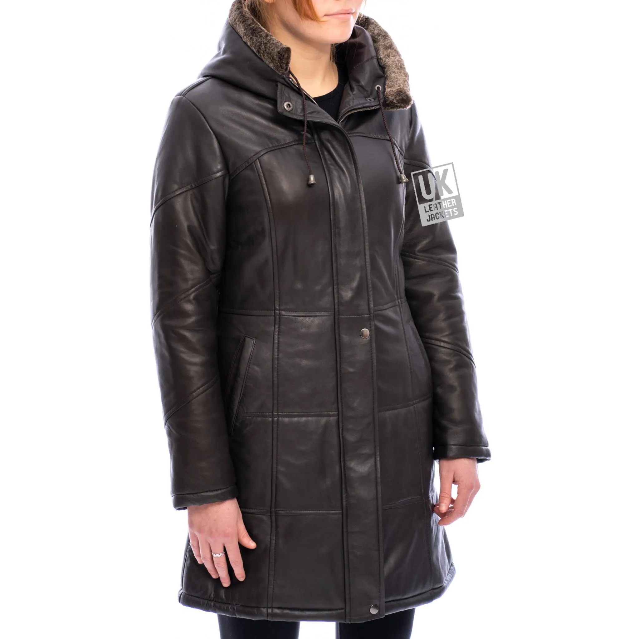 Brown Leather Alicia Quilted Coat with Hood for Women