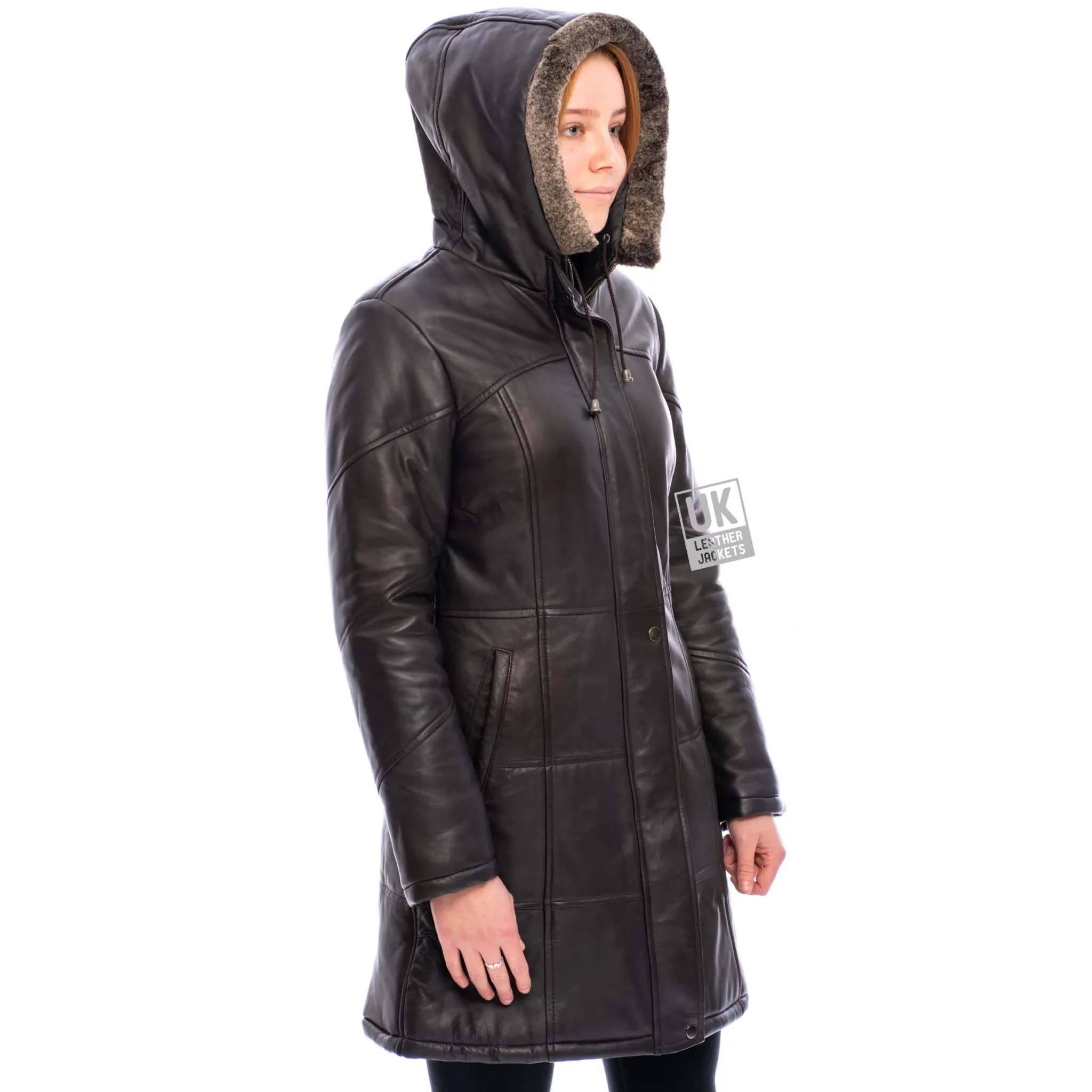 Brown Leather Alicia Quilted Coat with Hood for Women