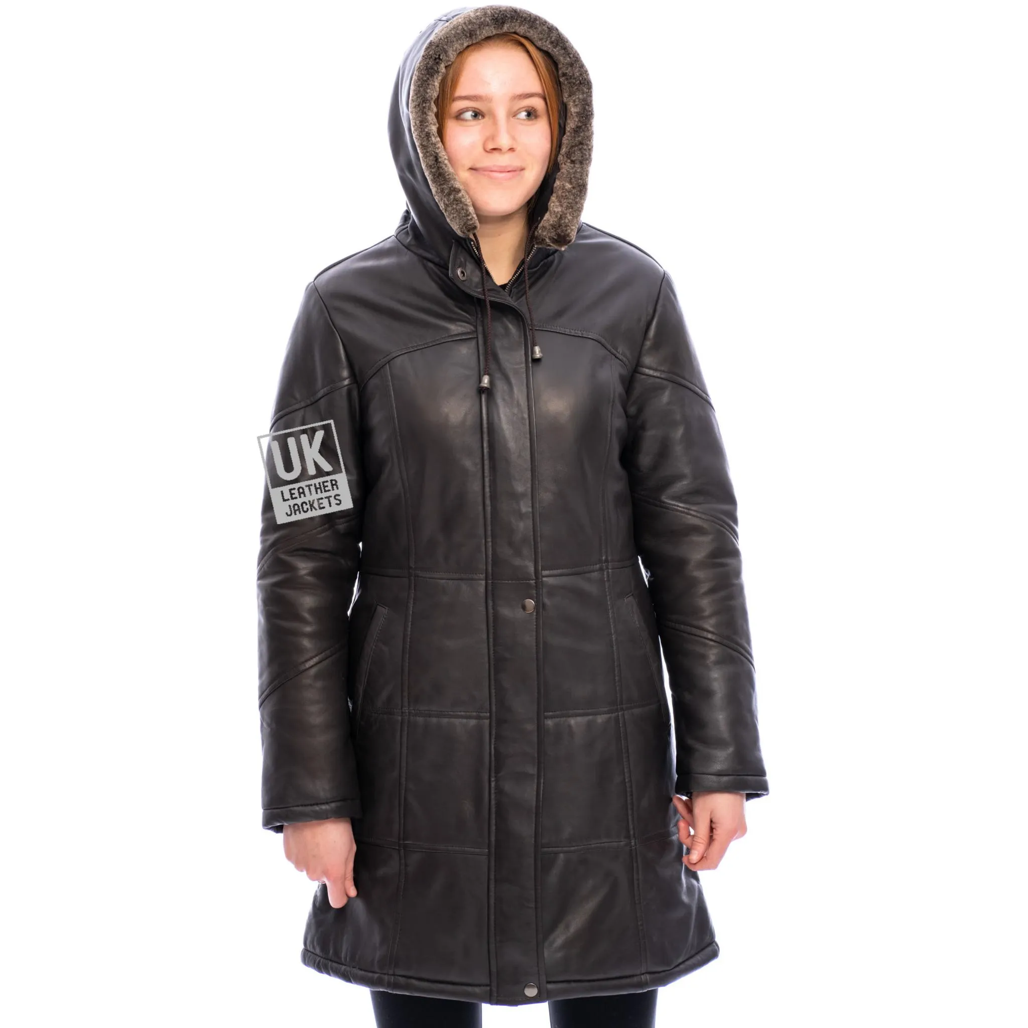 Brown Leather Alicia Quilted Coat with Hood for Women