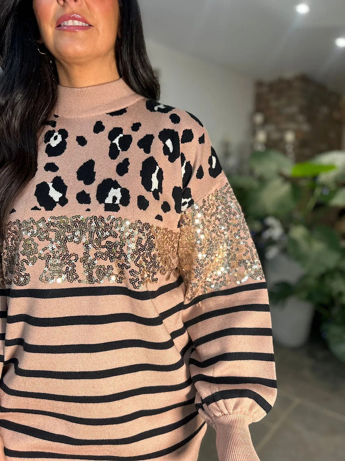 Willow Camel Sequin Jumper with Multi Print