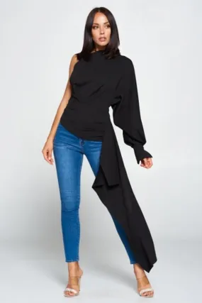 Black Cut-Out Top with One Balloon Sleeve