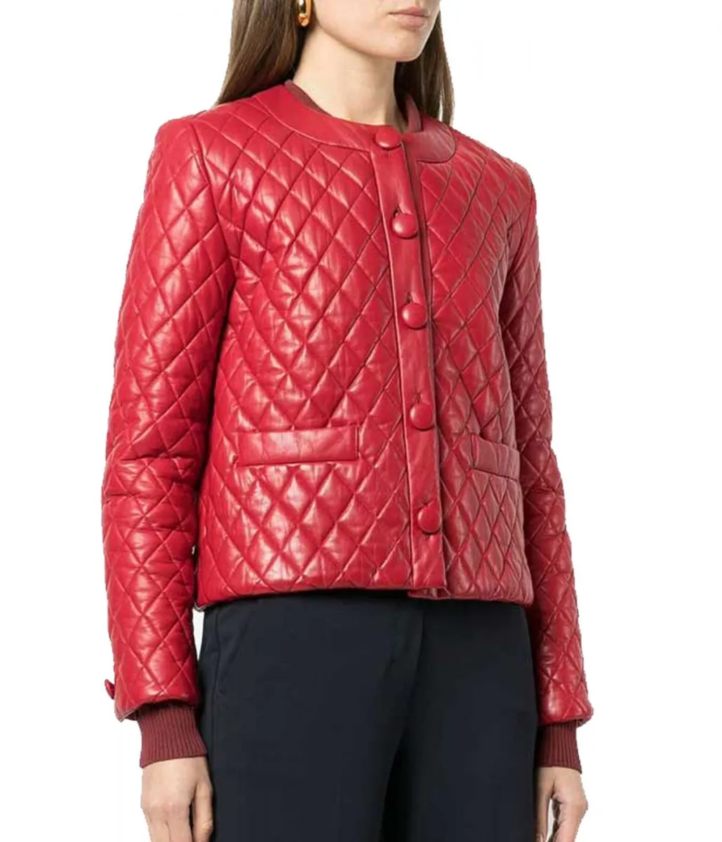 Women's Red Leather Quilted Jacket