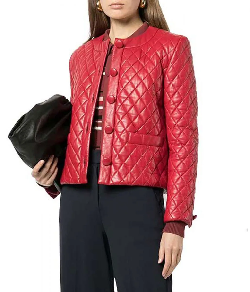 Women's Red Leather Quilted Jacket