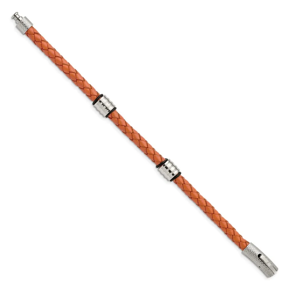 Durable Orange Leather Braided Bead Bracelet, 8.25 Inch