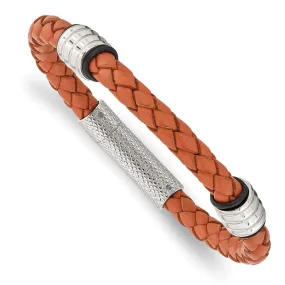 Durable Orange Leather Braided Bead Bracelet, 8.25 Inch