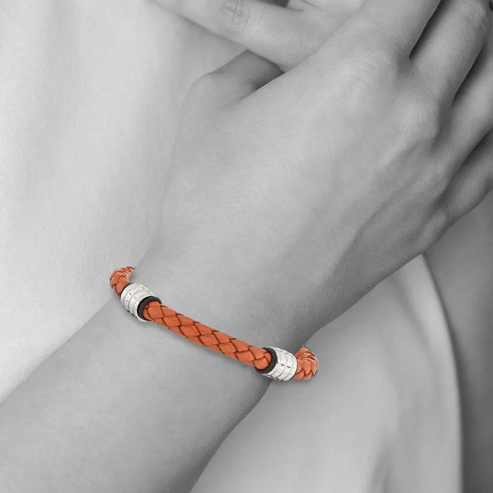 Durable Orange Leather Braided Bead Bracelet, 8.25 Inch