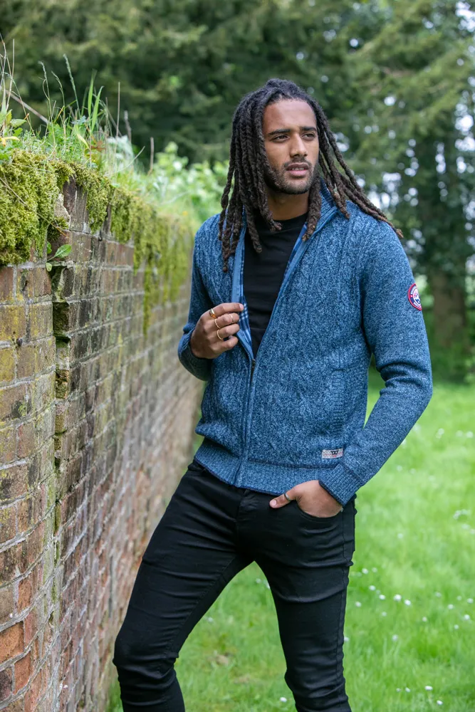 ECCLES Blue Cable Knit Sweater With Zip and Bonded Check Lining D555 Mens