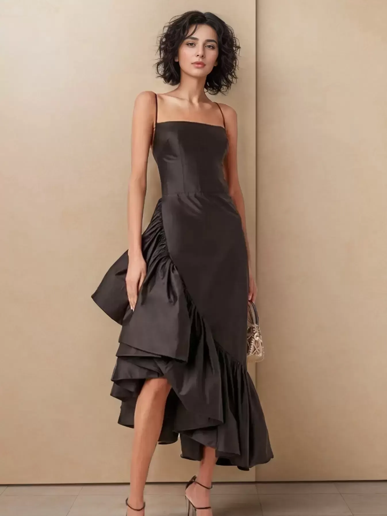 Elegant Asymmetrical Party Midi Dress with Spaghetti Straps and Ruffles