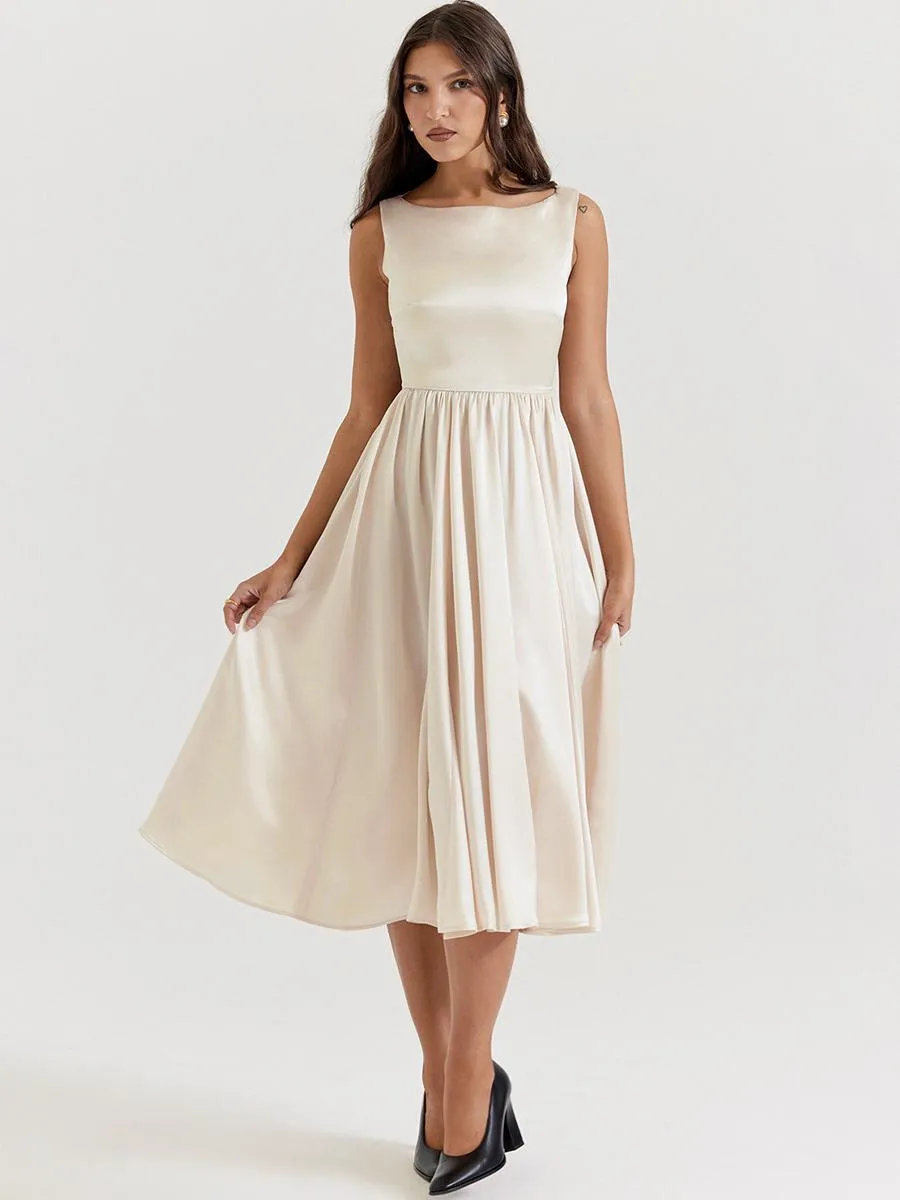 Elegant Sleeveless Boatneck A-Line Midi Dress for Prom Party