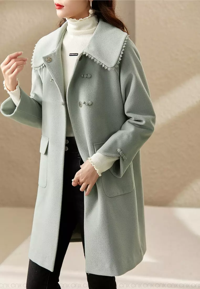 Elegant Warm Wool Coat with Lace Lapel from ONX.HK