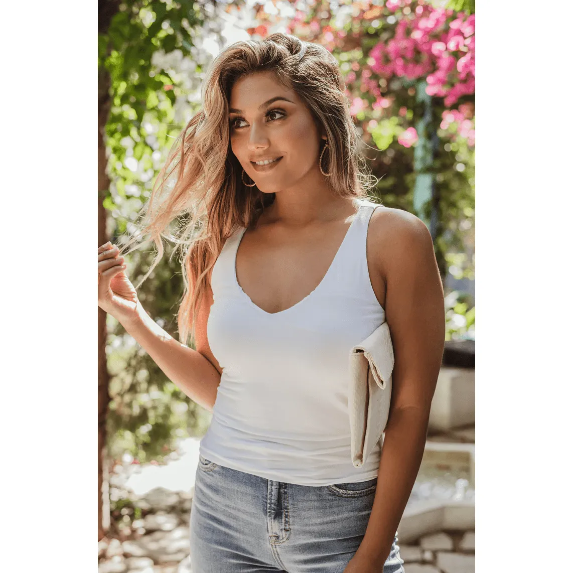 Jersey Tank Top V-Neck in White and Denim