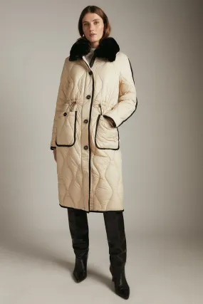 Long Quilted Coat with Faux Fur Collar Karen Millen