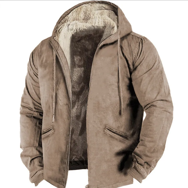 Fleece-lined Thick Winter Clothes Cotton-padded Coat Jacket Men's Solid Color Hooded Sweater