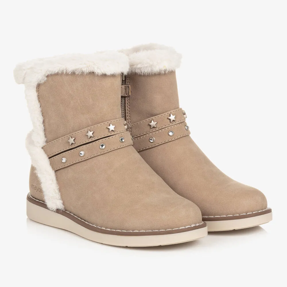 Girls Beige Faux Suede and Fur Boots