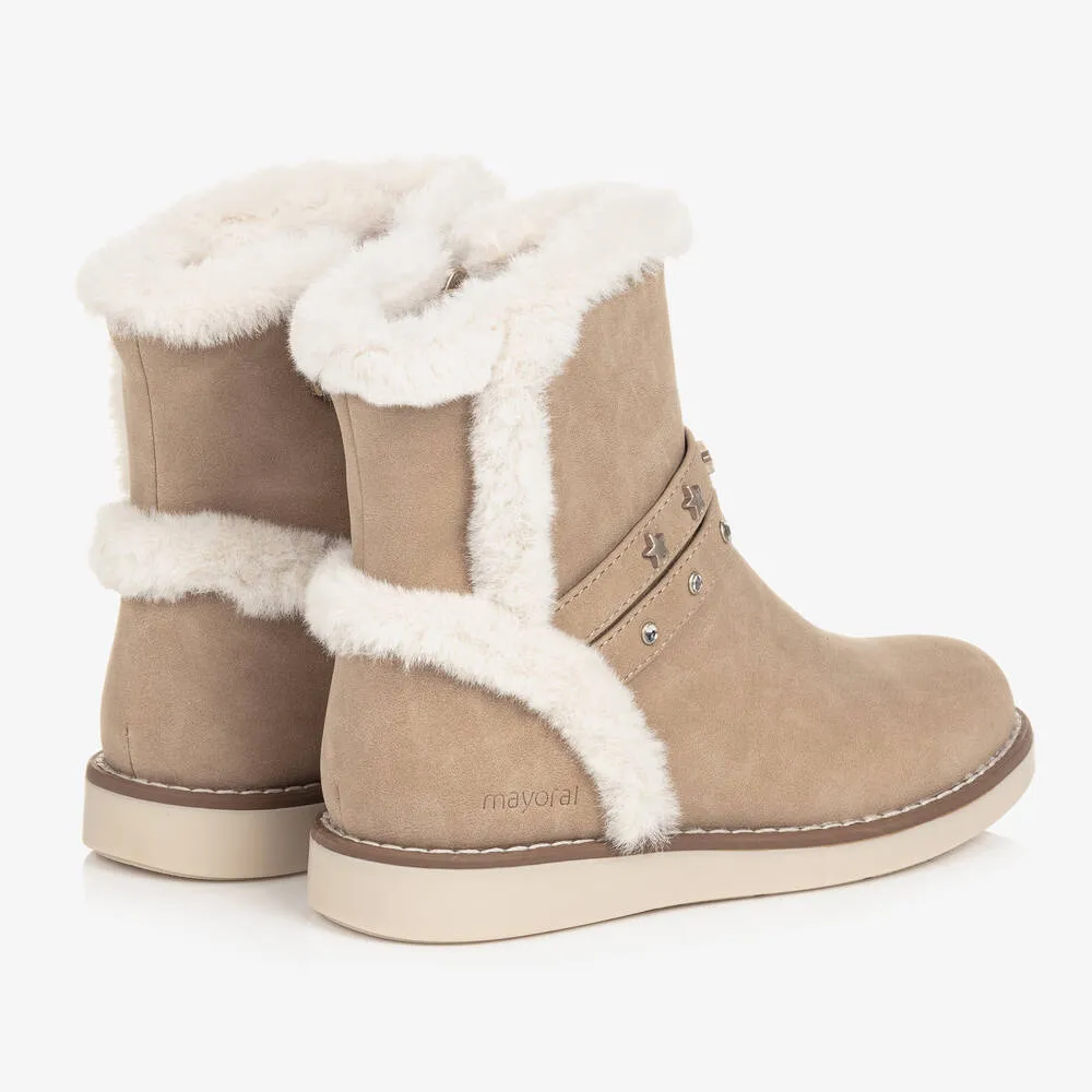 Girls Beige Faux Suede and Fur Boots