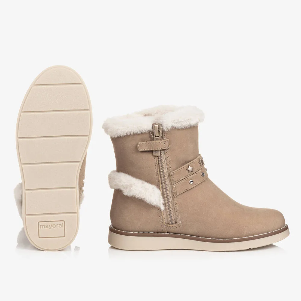 Girls Beige Faux Suede and Fur Boots