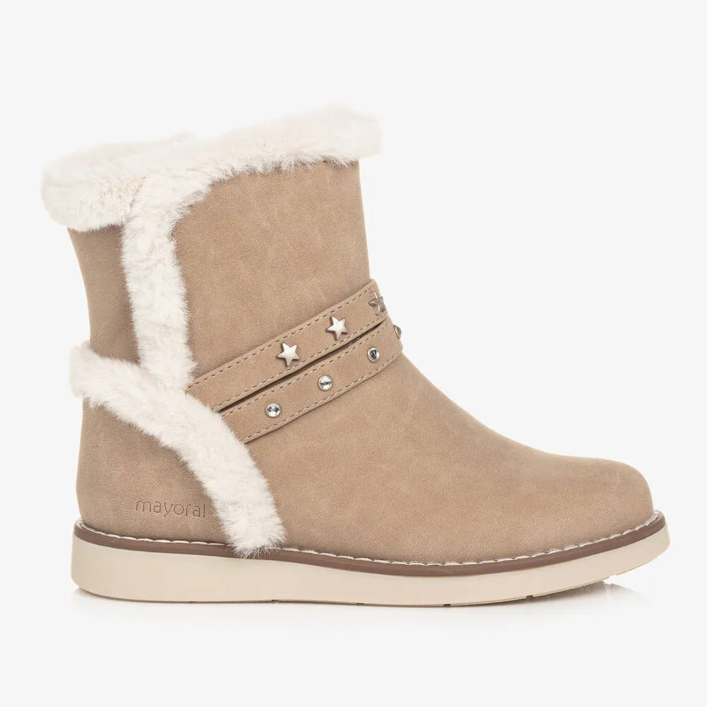 Girls Beige Faux Suede and Fur Boots