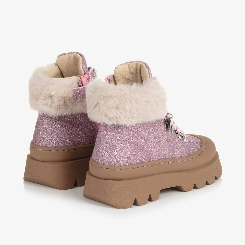 Girls Pink Glitter and Faux Fur Boots