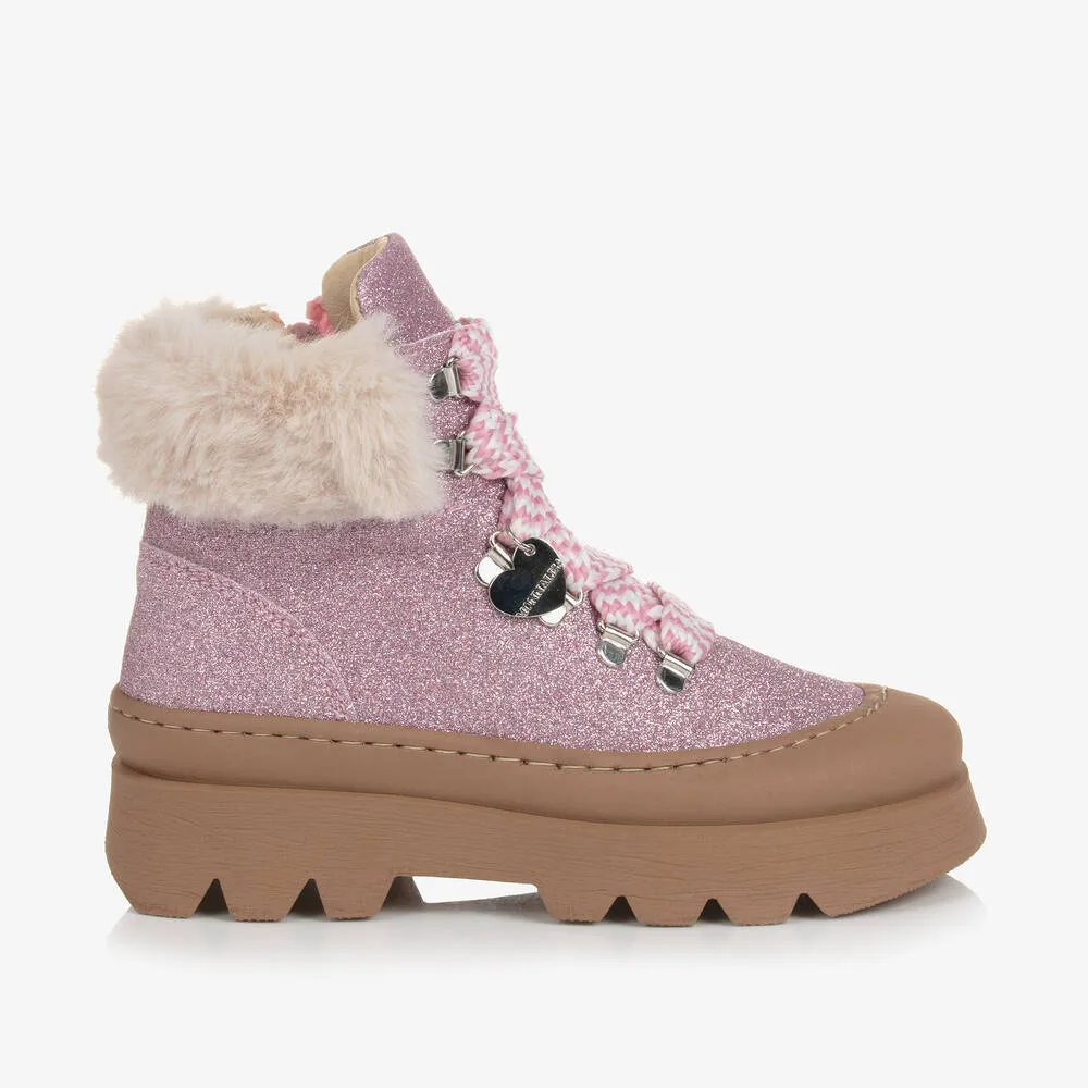 Girls Pink Glitter and Faux Fur Boots