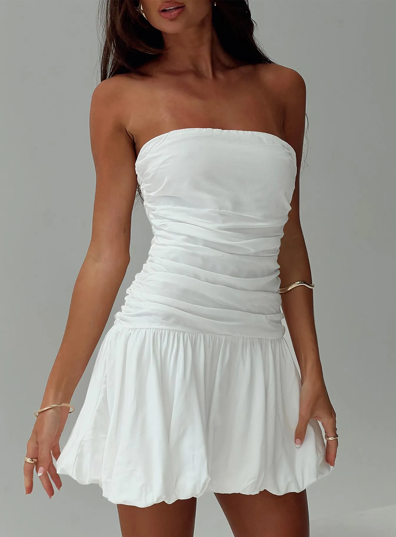 White Strapless Mini Dress with Bubble Hem