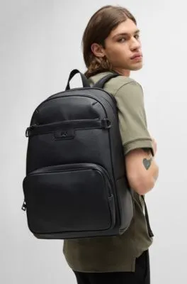 Stacked Logo Trim Grained Faux Leather Backpack