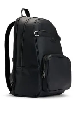 Stacked Logo Trim Grained Faux Leather Backpack