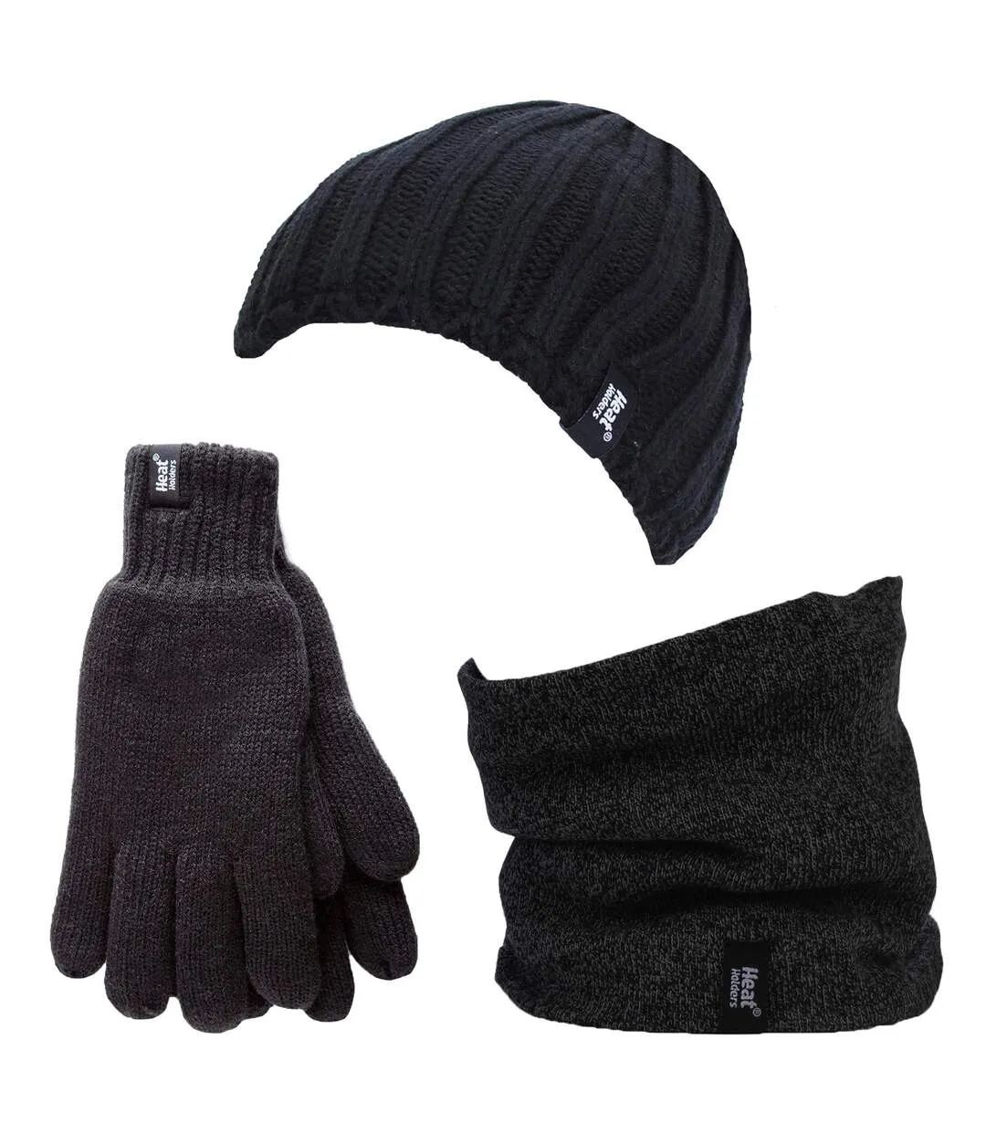 Heat Holders Thermal Winter Fleece Cable Knit Hat, Neck Warmer and Gloves Set for Men - M/L