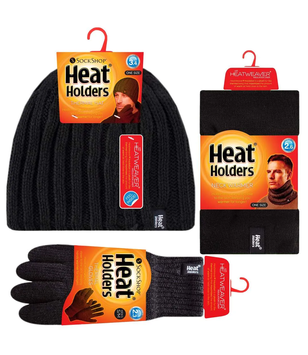 Heat Holders Thermal Winter Fleece Cable Knit Hat, Neck Warmer and Gloves Set for Men - M/L