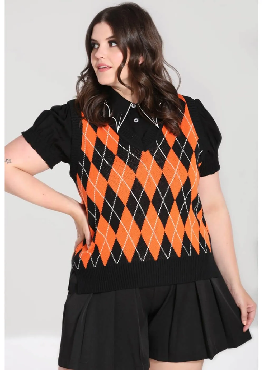 Hell Bunny Rhombus Black Orange Pumpkin Vest 60's Top