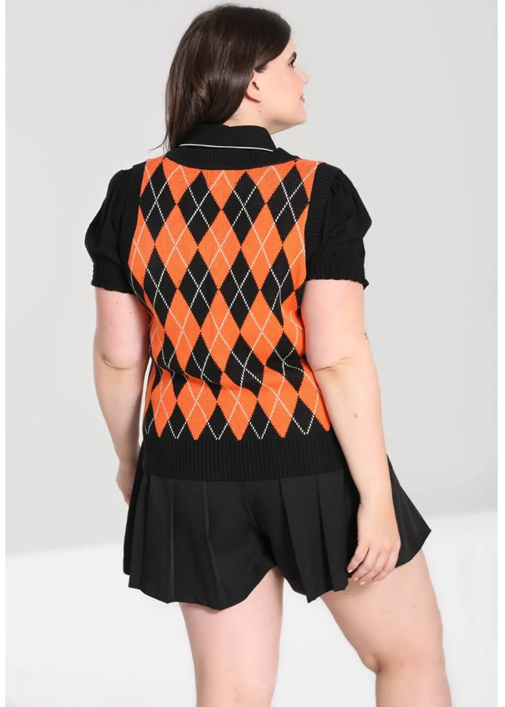 Hell Bunny Rhombus Black Orange Pumpkin Vest 60's Top