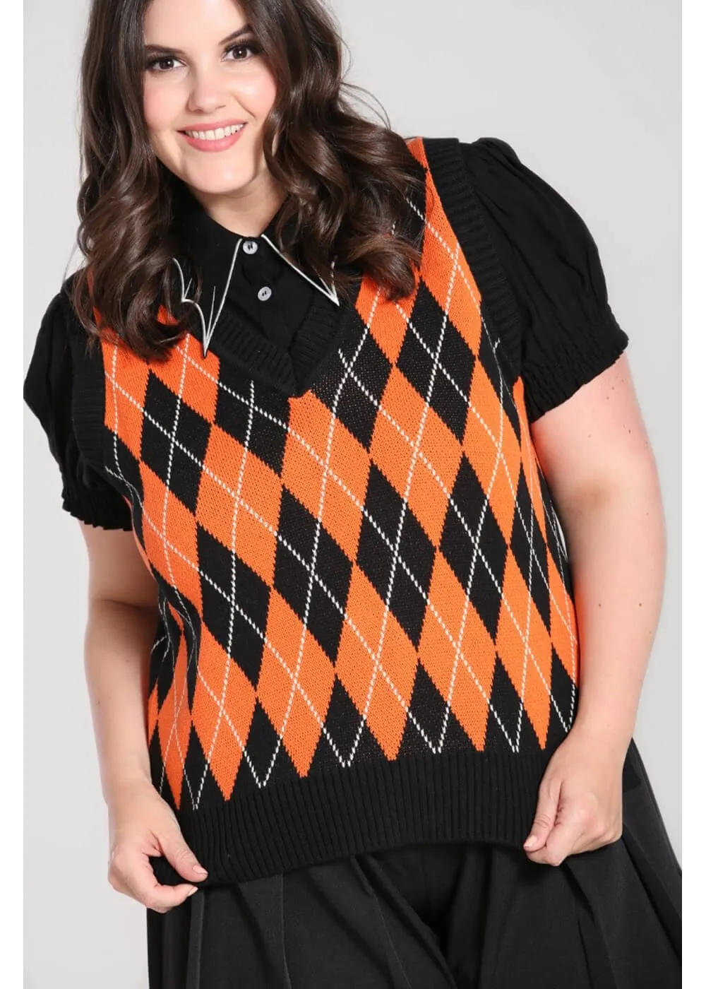 Hell Bunny Rhombus Black Orange Pumpkin Vest 60's Top