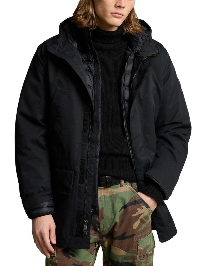 Black Twill Hooded Coat with Quilted Liner