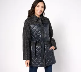 Quilted Belted Coat with Tweed Accents by Isaac Mizrahi Live!