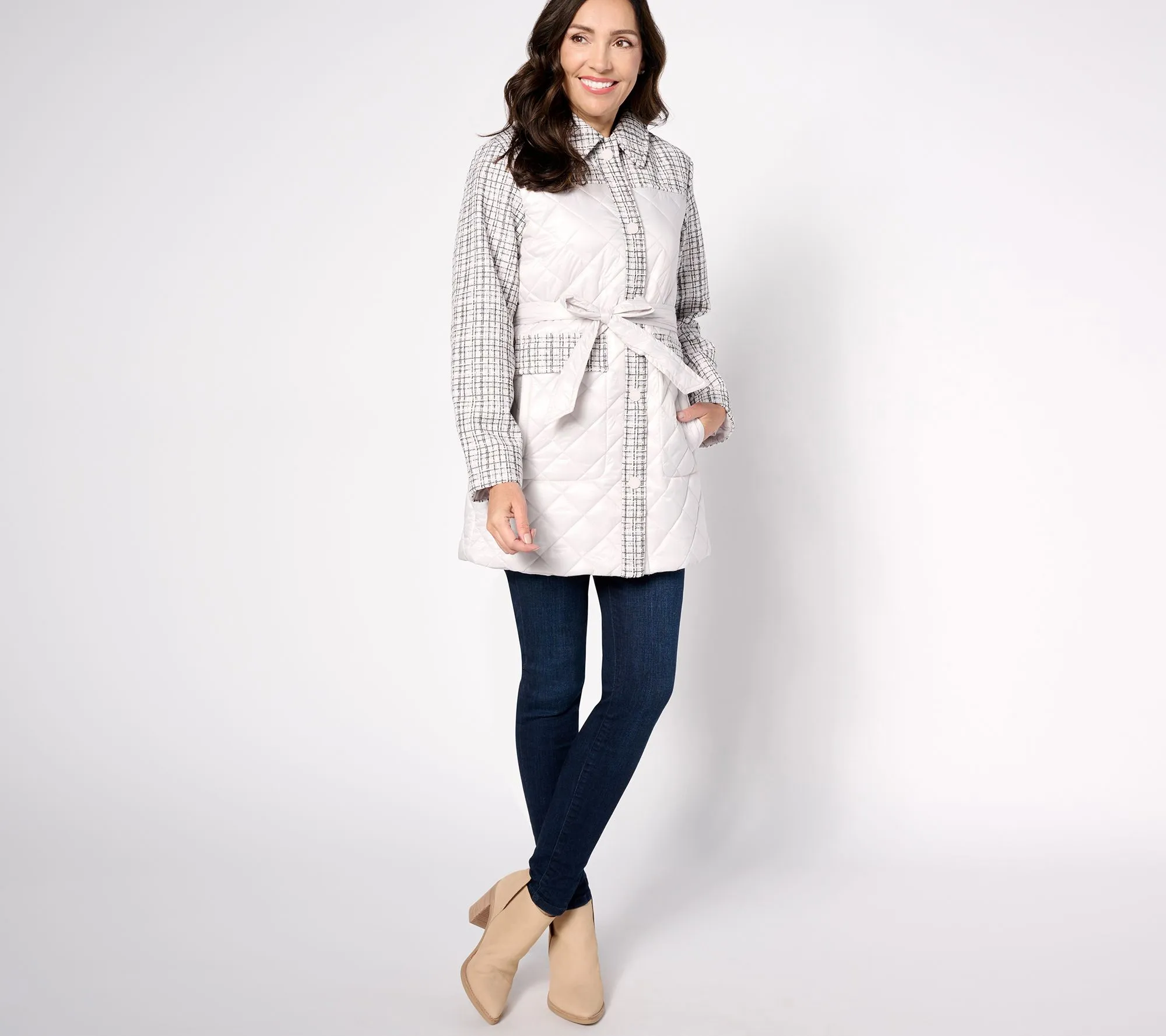 Quilted Belted Coat with Tweed Accents by Isaac Mizrahi Live!