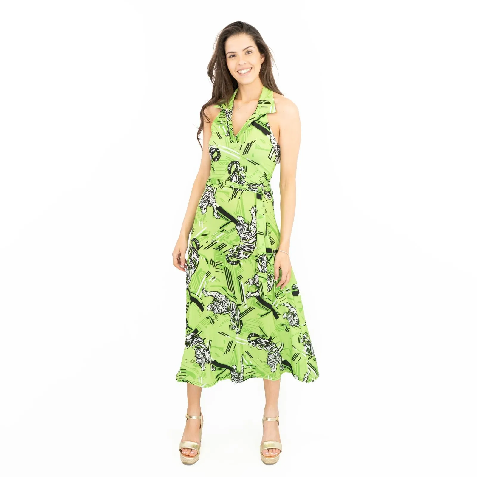 Sleeveless Summer Midi Dress Green Tiger Print by Karen Millen