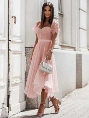 Lace Dress Sweetheart Neck Short Sleeves Day Midi Dresses