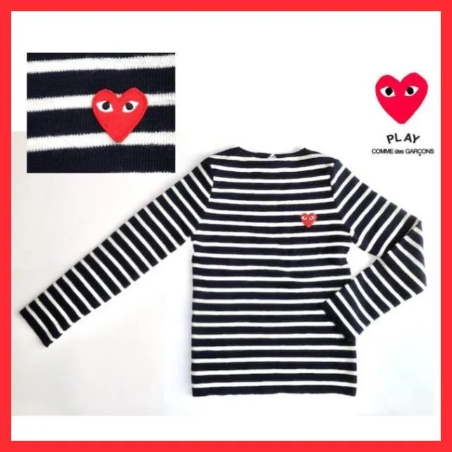 Crew Neck Wool Long Sleeve Logo Top with Stripes and Heart